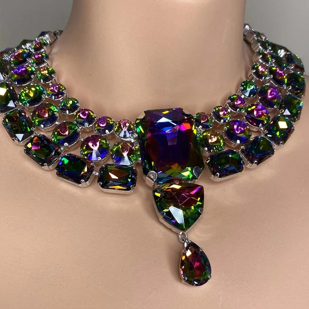 Stonefans Opulent Large Necklace Earring Set Indian Boho Party Wedding Set Statement Oversized Drag Queen Costume Necklace Gift 250604