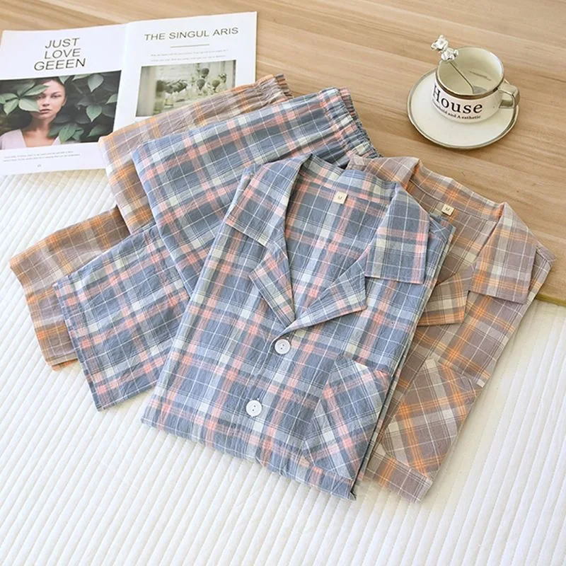 100% Cotton Women Nightwear Plaid Striped Long Sleeve Trousers Pajamas Loungewear Plus Size Two-Piece Set Sleepwear 250529