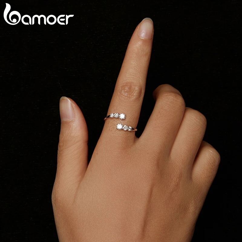 BAMOER Moissanite White Gold Plated Adjustable Ring 925 Sterling Silver Exquisite Open Ring for Women Engagement Jewelry Gift