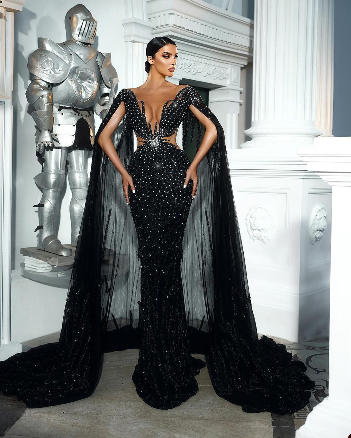 Luxury Black Beaded Mermaid Evening Dresses with Cape Deep V Neck Special Occasion Dresses Plus Size Formal Guest Dresses Party Ball Gowns