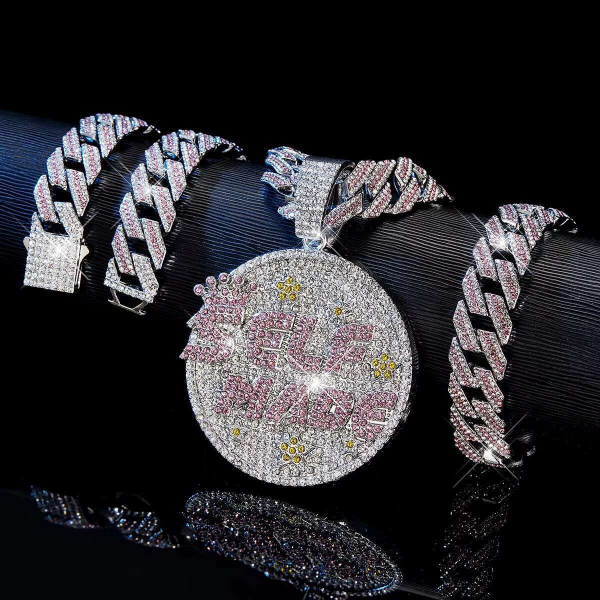 3PCS Iced Out Shiny Letter Self Made Round Medal Pendant with Round Stars Shape Necklace and Bracelet Jewelry