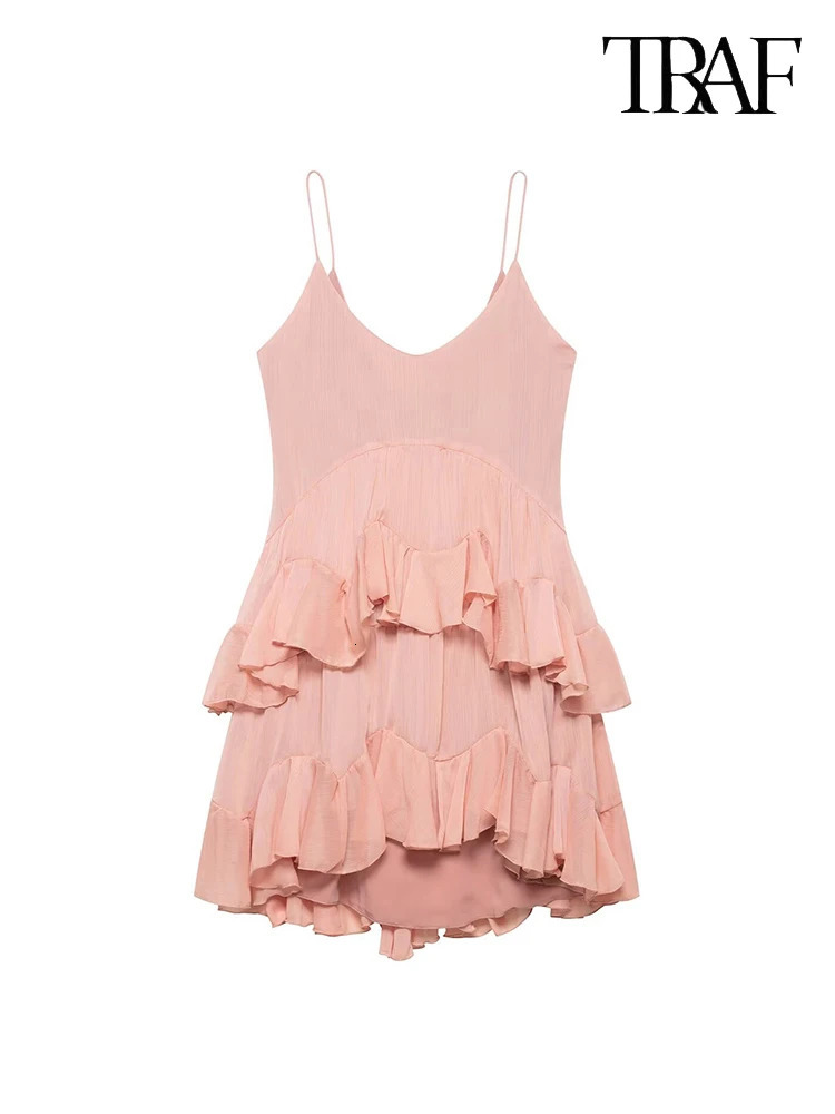 TRAF Womens Fashion Elegant Pink Stacked Embellished Halter Dress Sexy Slim VNeck Sleeveless Back Zipper Short Dresses 250604