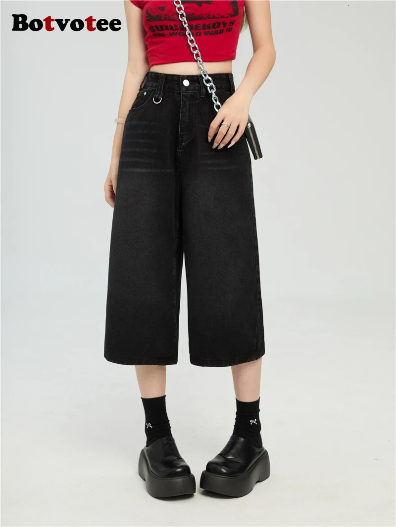 Botvotee Summer Calf Jeans for Women High Waisted Bermuda Shorts Wide Leg Baggy Cargo Denim Pants Y2k 2000s Vintage Loose Jeans 250604