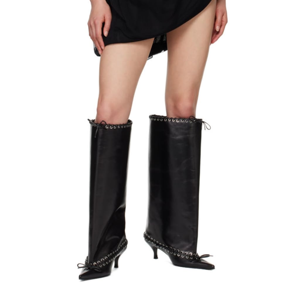 ARQA Laced Embellishment Knee High Boots Women Metal Eyelets Pointed Toe Tall Boots Kitten Heel Bow Tie Long Boot