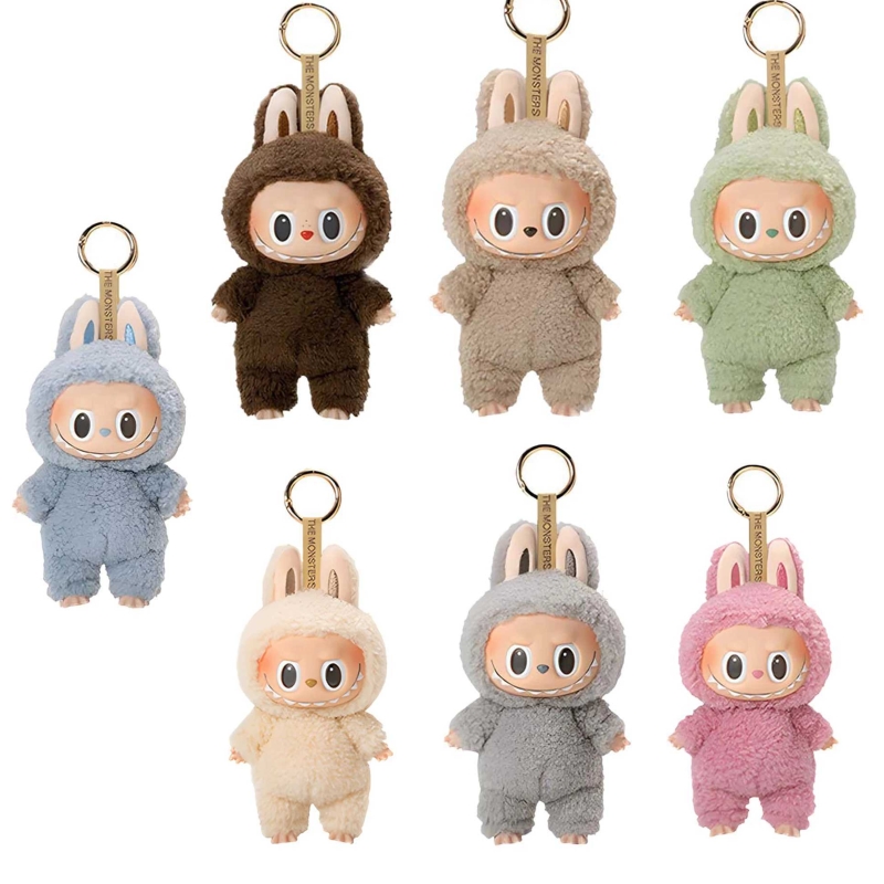 Cartoon 17cm labubu figure keychain keyring action cute macaron heartbeat mysterious box toys pvc doll bag charm kid key chain gift brown pink street 