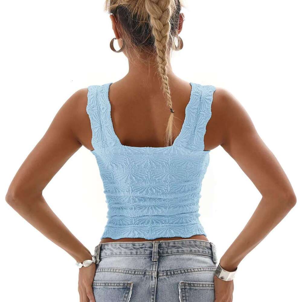 DHessentials New High-Quality High-Elasticity Embroidered Square Neck Sleeveless Top Women's Solid Color Floral Pattern Vest