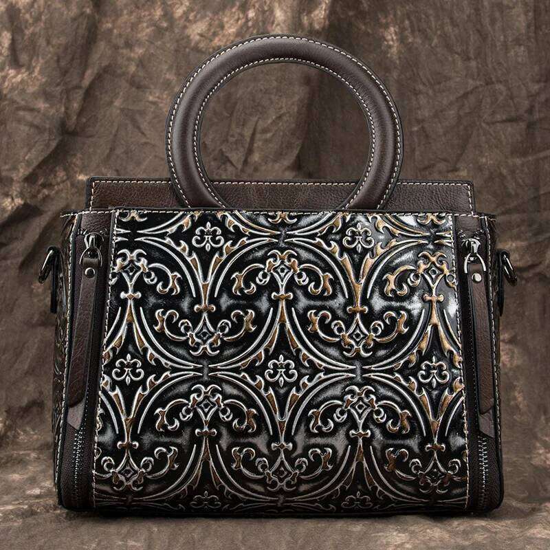 Johnature Bag Genuine Leather Retro Women Handbag 2025 New Handmade Eming Cowhide Floral Shoulder & Crossbody Bags 2025/06/05