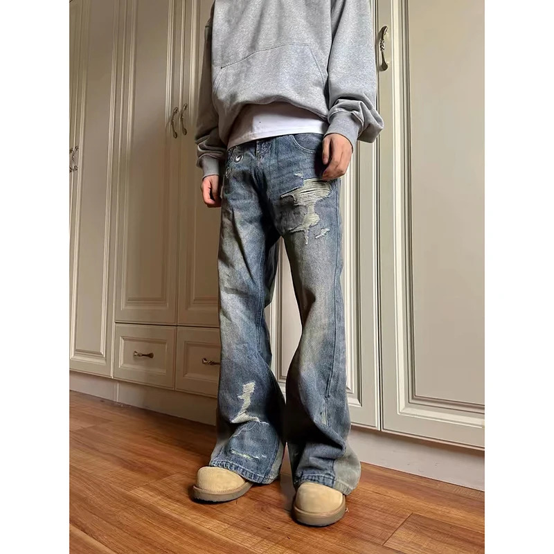 Jeans Women Denim Ripped Streetwear Wide Leg Pants Floor Length Splice Loose Casual Pockets High Waist Straight Trousers 250604