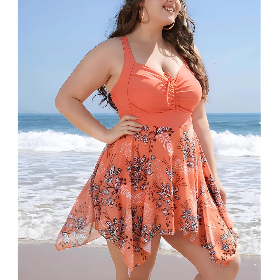 Plus Size Womens Swimsuit 2024 Trend Printed Swimdress Beach Holiday Big size Elegant Swimwear 250603