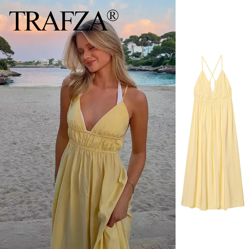 TRAFZA Woman Yellow Dress For Beach Party Midi Women Strapless Backless Drawstring Pleated Dresses Summer Vestidos 250604