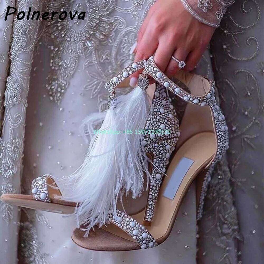 Crystal Feather Nude Sandals Round Toe Straight Strap Thin Heels Zipper Ladies Wedding Elegant Stiletto Shoes