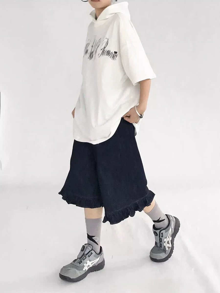 REDDACHiC Dark Blue Ruffled Denim Shorts Women Solid Casual High Waist Knee Long Frilly Baggy Jorts Y2k Retro Summer Streetwear 250604