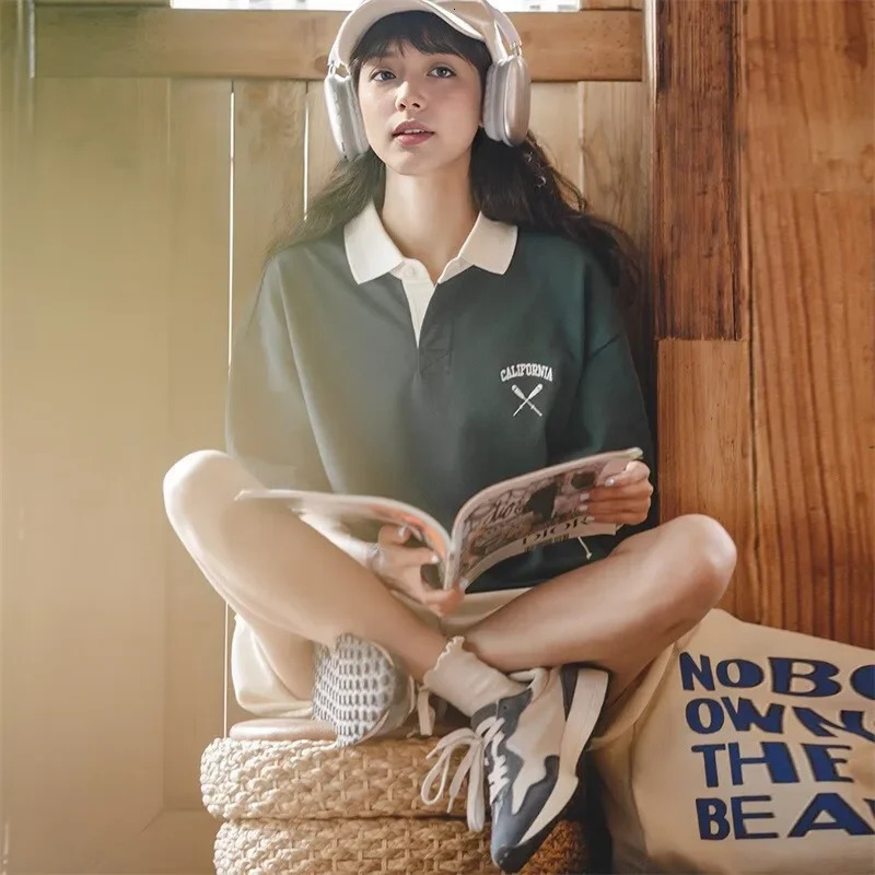 Maden Vintage Lapel College Short Sleeve Polo Shirts for Women Loose Knitted Big Size Golf Tee Summer Casual Cotton Tshirt 250604