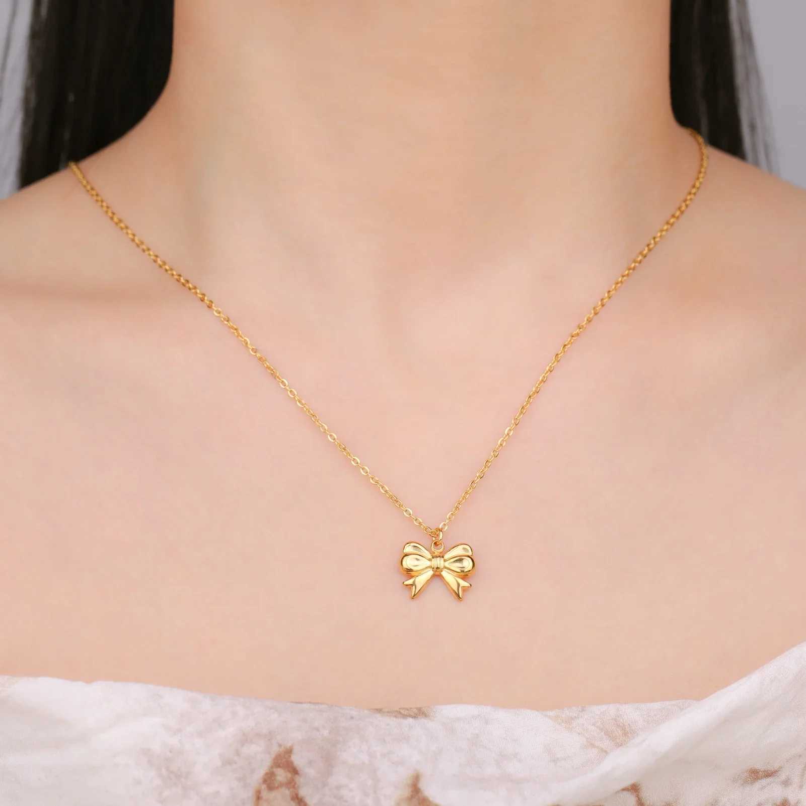 Skyrim Sweet Bowknot Pendant Necklace for Women Girls Stainless Steel Gold Color Chain Choker Trendy Birthday Jewelry Wholesale XJ250604