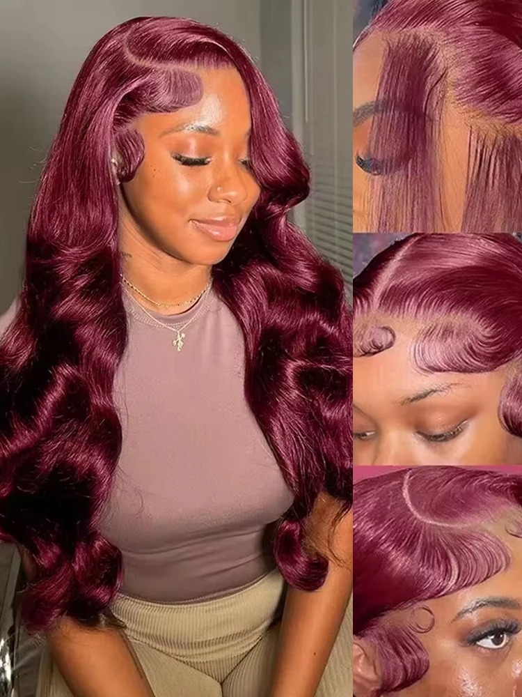 99J Burgundy Lace Frontal Wig 13x6 Body Wave Lace Front Wig HD Transparent Lace Frontal Wig Human Hair Pre Plucked 99j Red Color Synthetic
