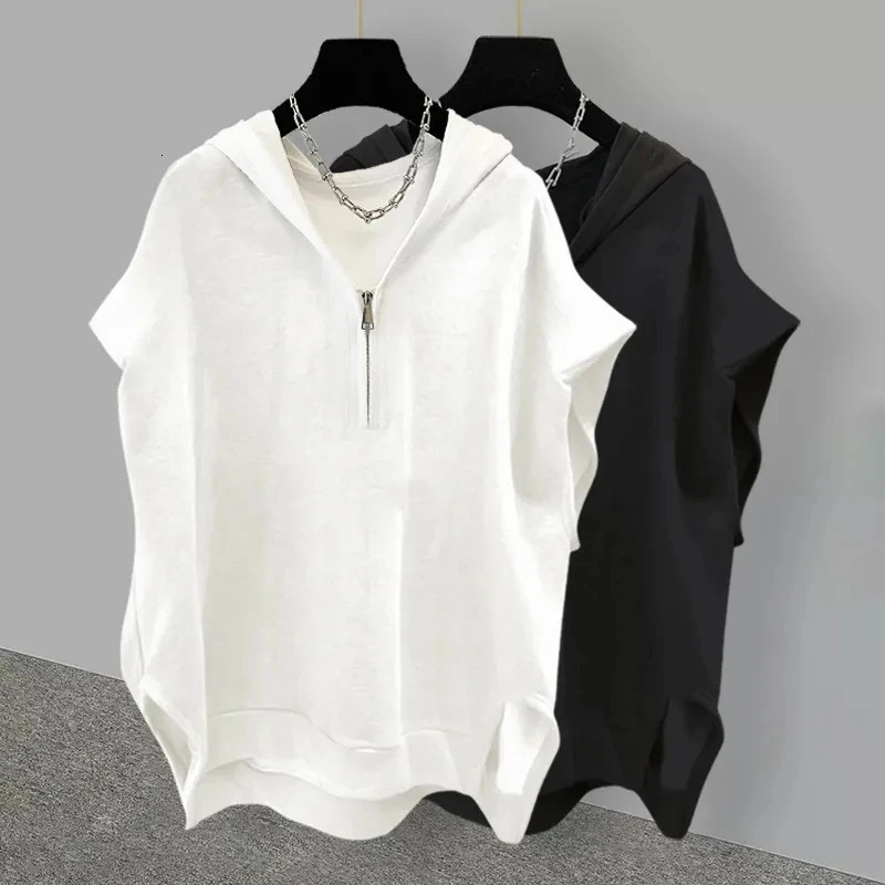 Sleeveless Zippered Half Open Collar Hooded Top Trendy Street Korean Version Womens Loose Versatile SpringSummer hoodies 250604