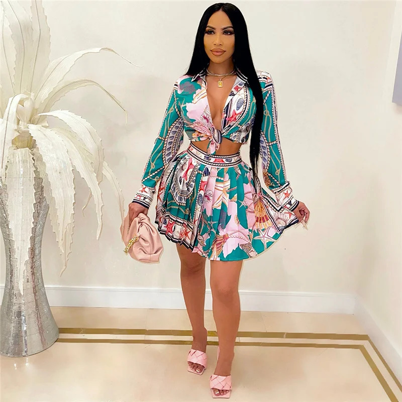 Vintage Exotic Printed 2 Piece Set for Women Skirts Sets Shirts Top and Pleated Mini Skirt Dress Suits Matching Clubwear 250605Z