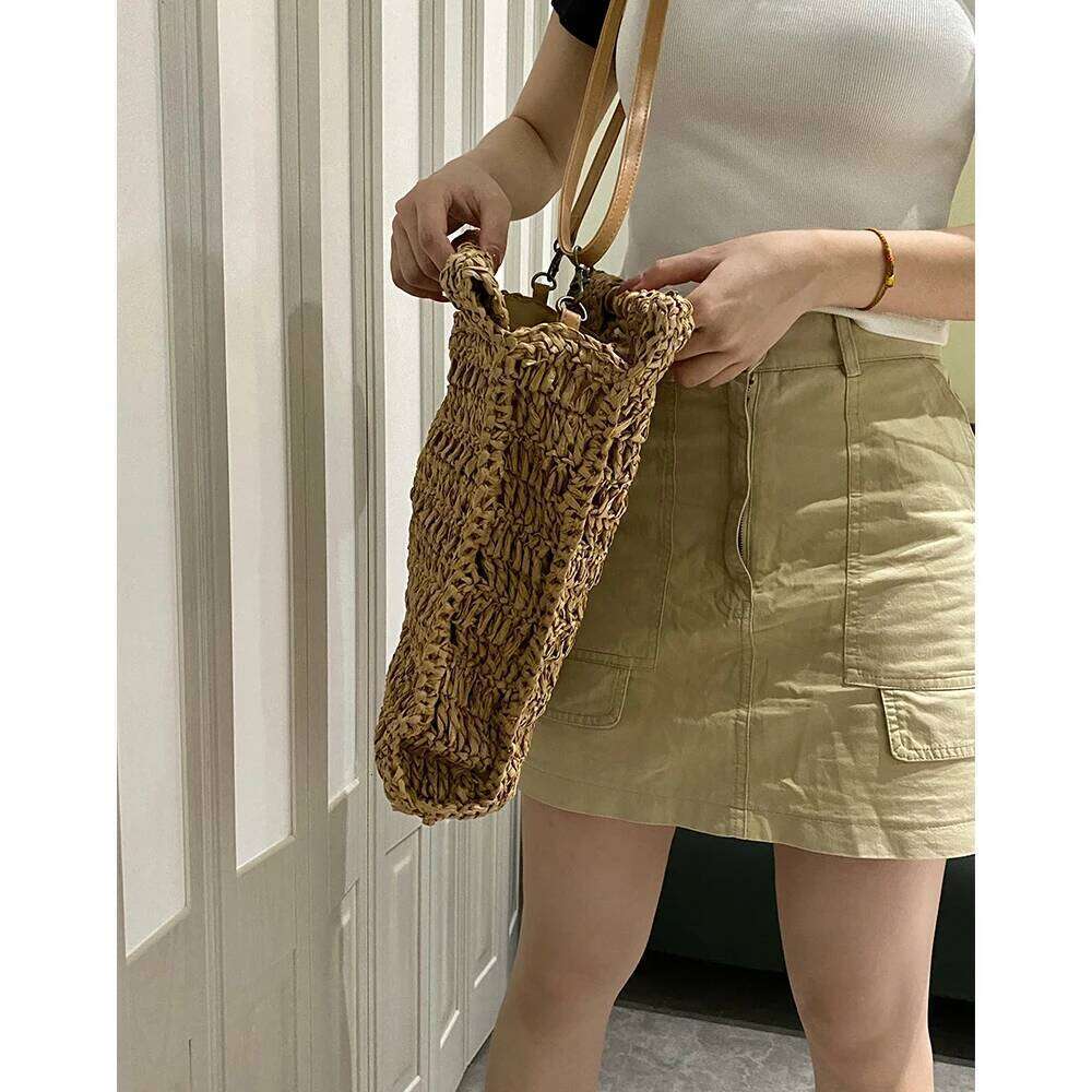 Bamboo Handle Straw Handbag Handmade Woven Beach Bags For Women Paper Rope Knitting Rattan Square Shoulder Crossbody Bag New