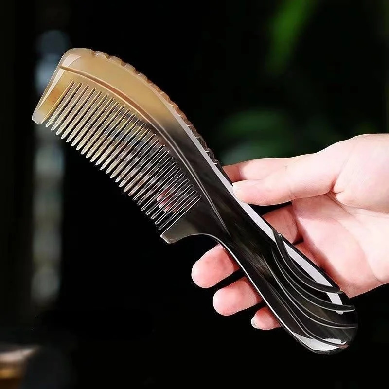 Natural Buffalo Horn Comb Fine Teeth Anti Static Massage Hair Comb with Thickening Round Handle for Head Health 250603