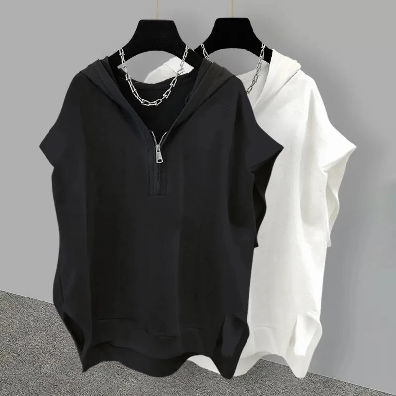 Sleeveless Zippered Half Open Collar Hooded Top Trendy Street Korean Version Womens Loose Versatile SpringSummer hoodies 250604