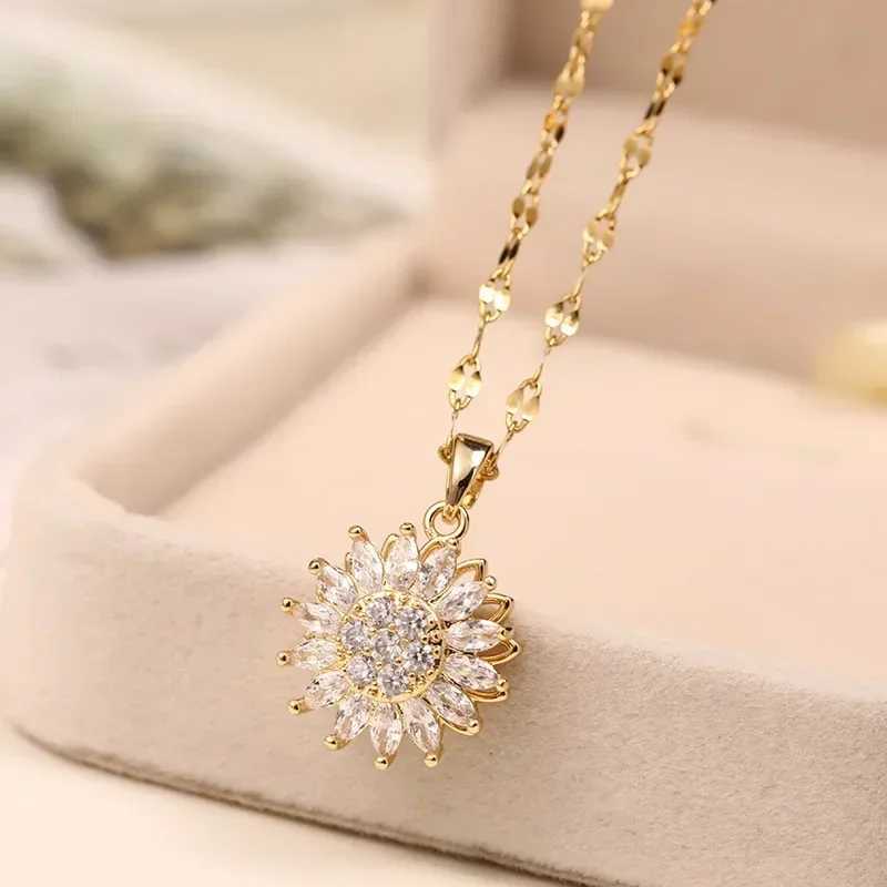 Double-layer Rotatable Sunflower Necklaces For Women Girl Chain Choker Stainless Steel Jewelry Accessories XJ250604