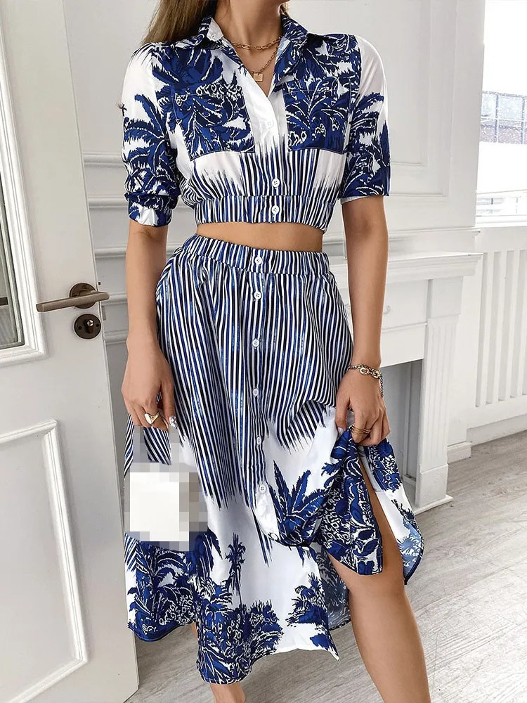 Womens Spring Summer Fashion Print Stand Up Collar Short Style With Exposed Waist Five Quarter Sleeve Top Enlarged Hem Skirt 250605Z