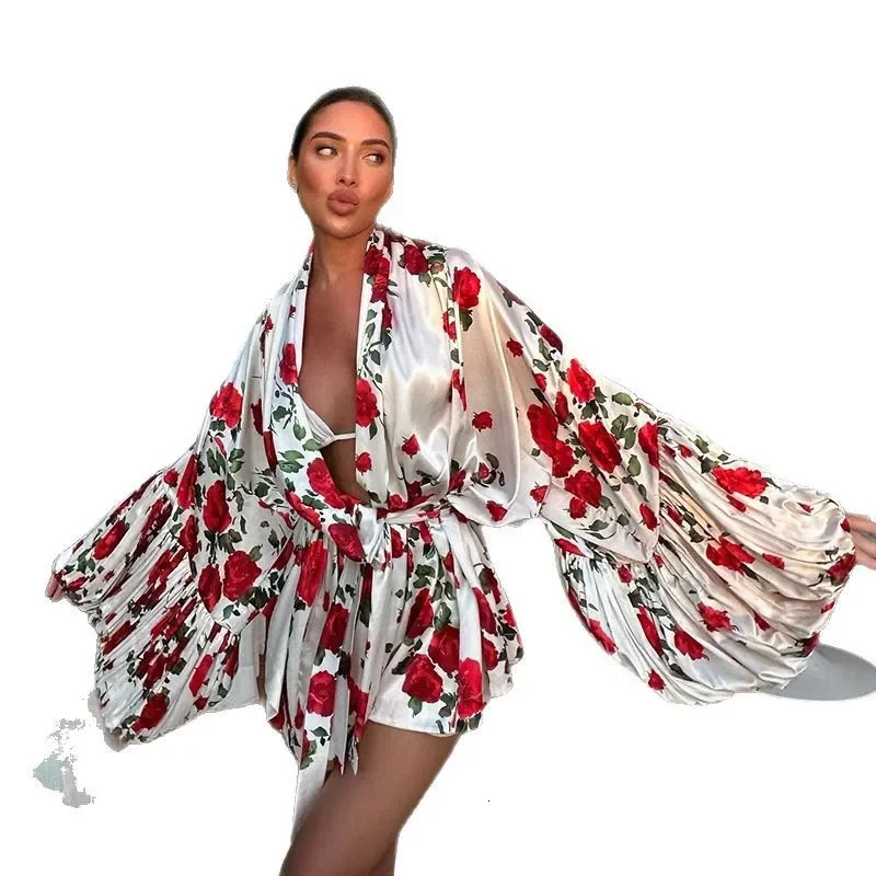 Fashionable Knot Waist Pleated Open Cardigan High Shorts Casual Set Womens Spring Loose Fit Ensemble 250604