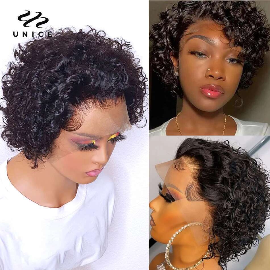 Unice 13x1 Lace Pixie Cut Wig 100% Human Hair Short Curly for Women Wavy Afro Wigs