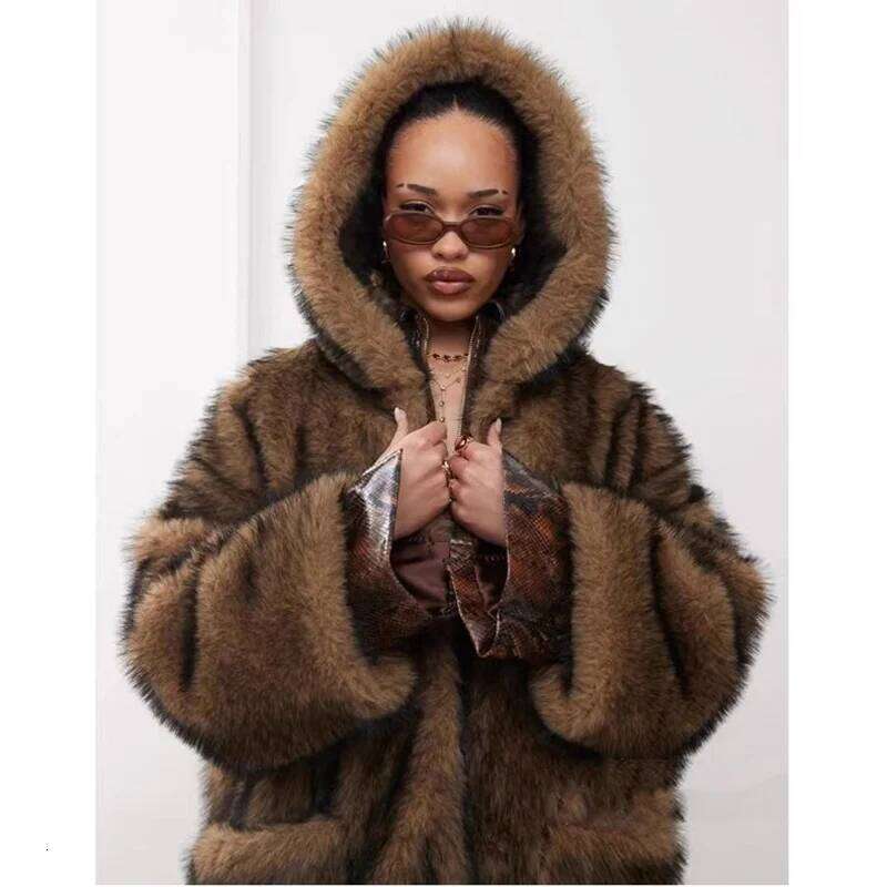 New faux fox fur Wolf skin coat, women's long winter thick and hooded