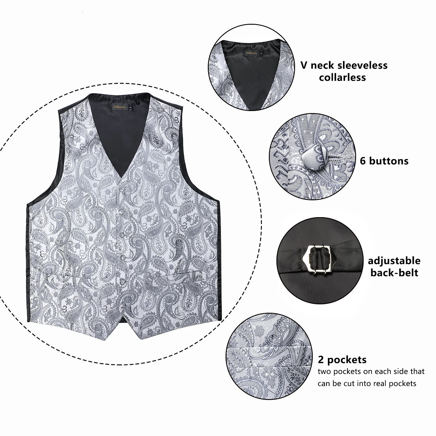 Suit Vest Neck Tie Set Silver Color Black Red Paisley Mens Wedding Prom Silk Polyester Waistcoat Elegant Sleeveless Jacket 250605Z