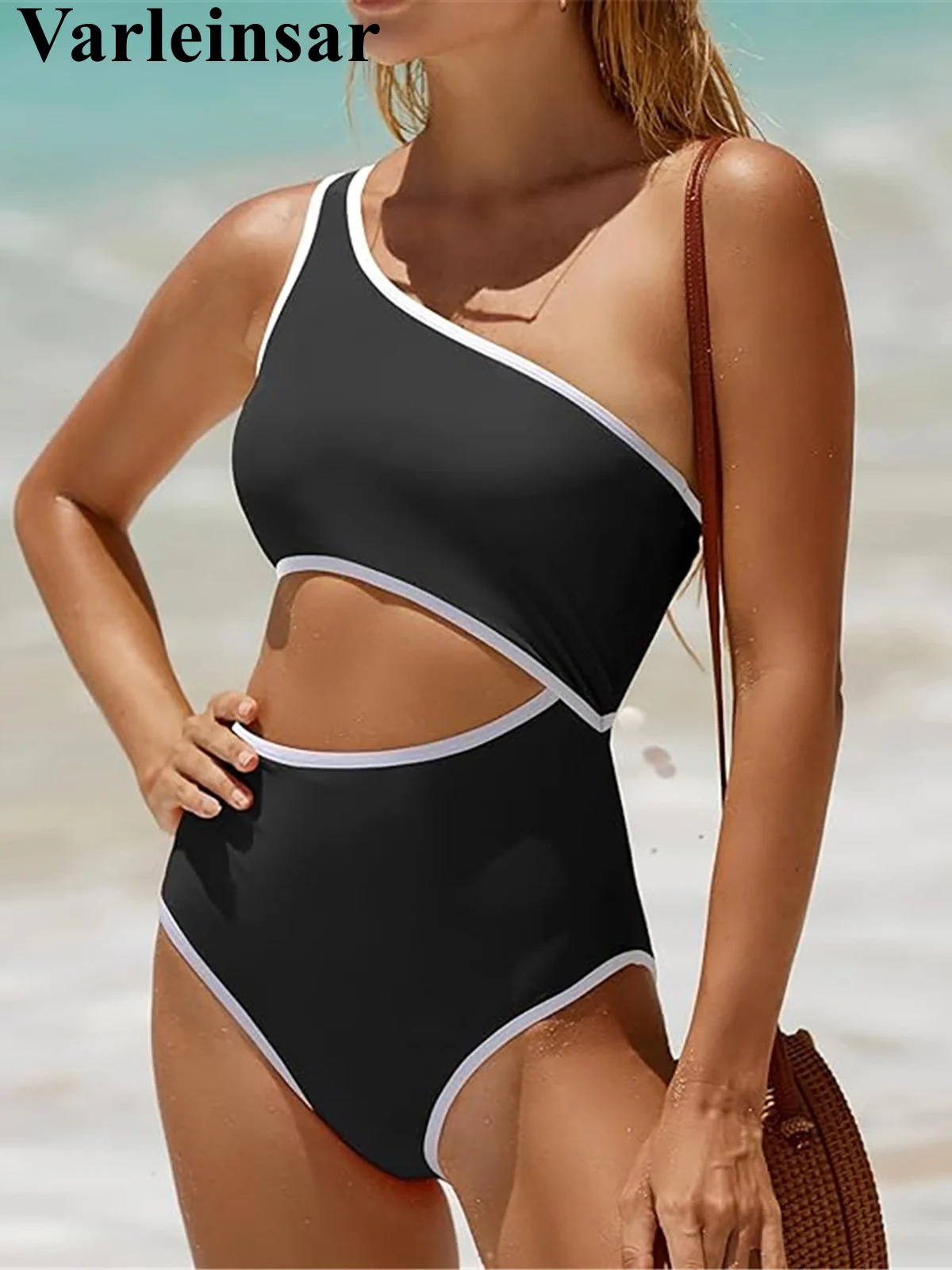 S XXL 11 Colors Cut Out One Shoulder Splicing Piece Swimsuit Women Swimwear Female Padded Bather Bathing Suit Swim V6856 250604
