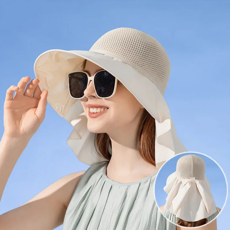Summer Women Bucket Hat with Shawl Lightweight Breathable Mesh Face Neck Protection Sun Hat Bow Pleat Travel Beach Cap 250604