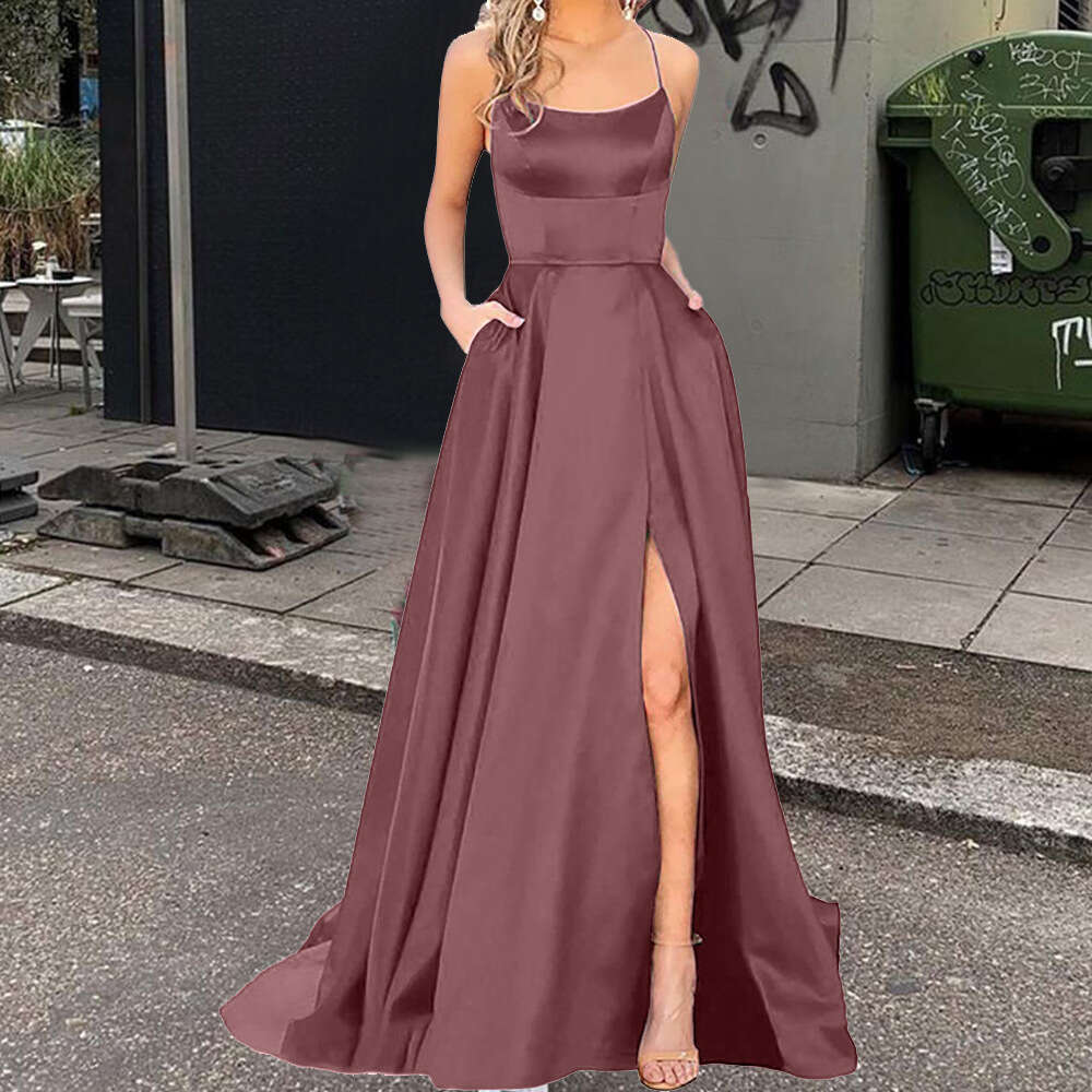Solid color European and American long skirt slimming off-shoulder, fashionable bridesmaid group evening dress 2025 new casual versatile fashion cloth