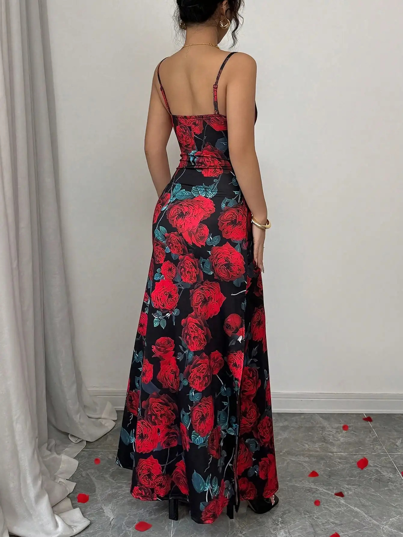 Valentines Day rose elegant tight suspender lace splicing small collar print multicolor spring and summer womens long dress 250604