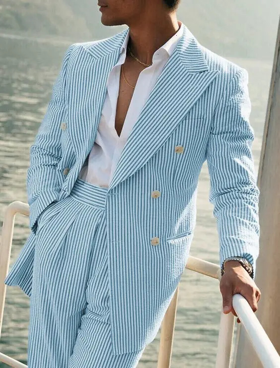 Fashion Casual Green Mens Seersucker Suits Spring Summer Beach Wedding 2 Pieces Set Blazer Pant Pinstripe Male Suit 250605A