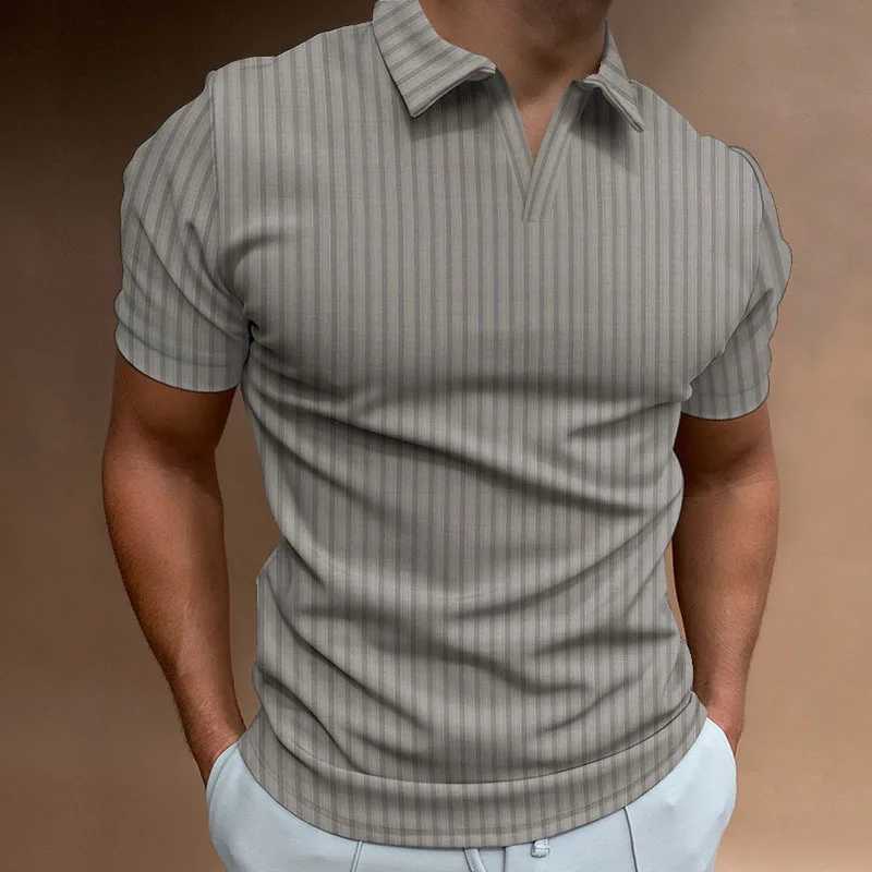 Europe And The United States New Summer POLO Shirt Solid Color Casual Short Sleeve Lapel V Line Striped Short Sleeve Mens T-shirt XJ250605