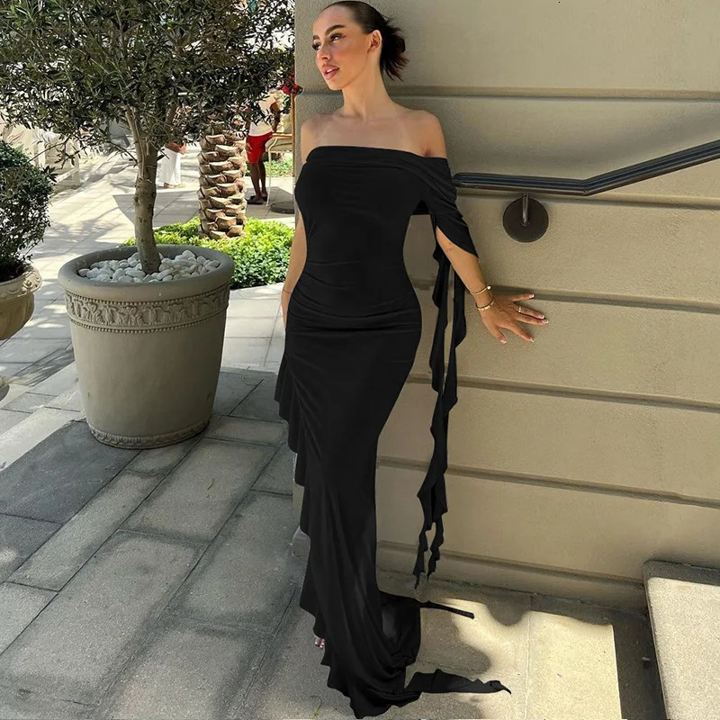 Summer One Shoulder Pleated Slim Fit Dress Solid Color Personalized Fashionable Arrivals 250604