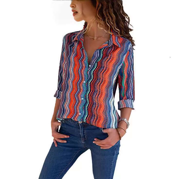 Fashion Slim Fit Striped Print Shirt Women's Wear B5