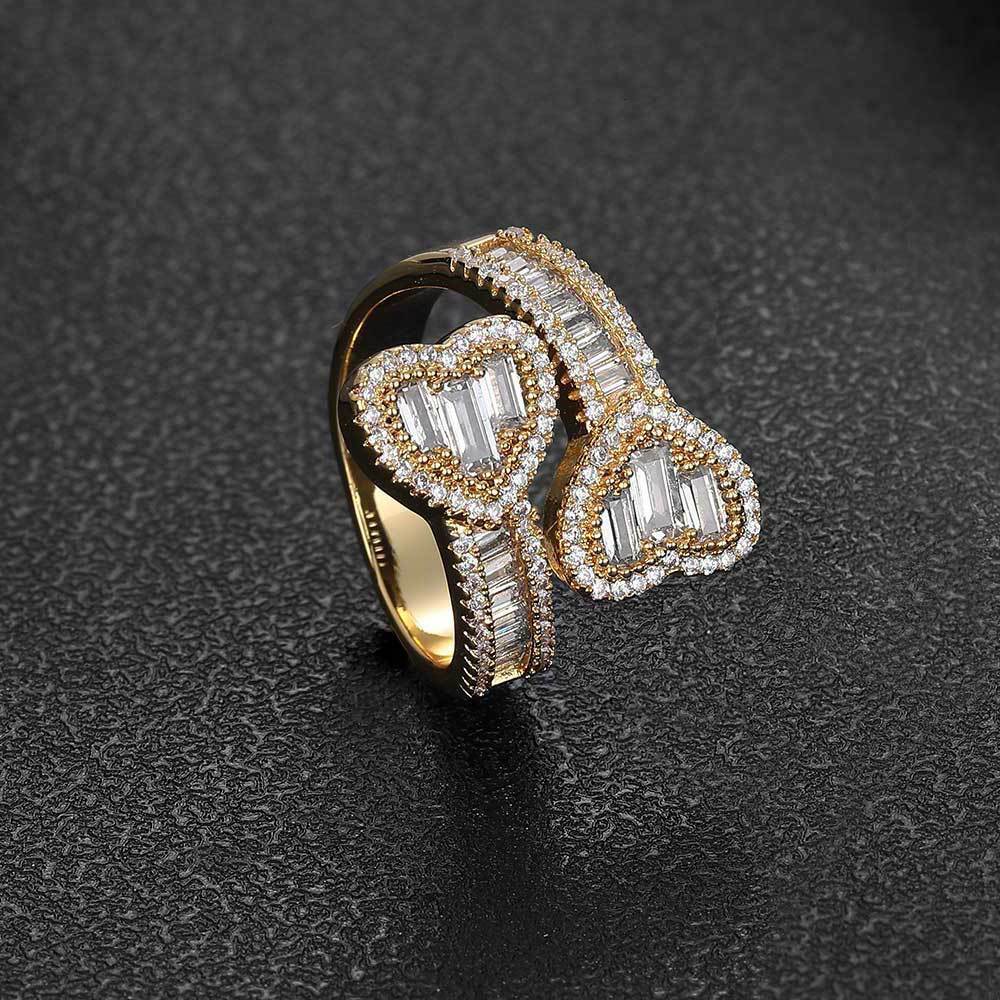 Square mixed Moissanite hip-hop heart ring personalized ring internet famous trendy brand mens and womens ring moissanite