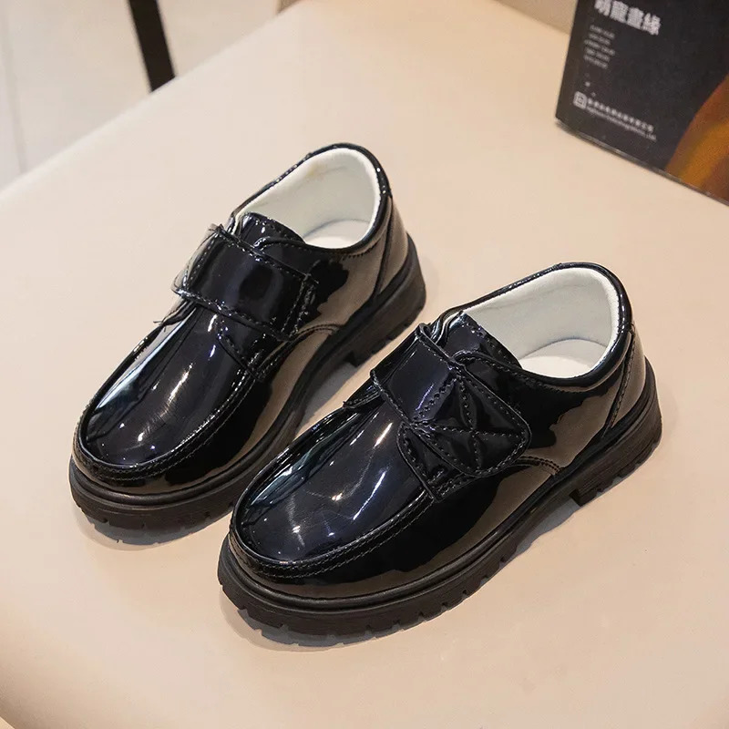 Children Fashion Leather Shoes Boys Hook Loop Glossy Simple Black Uniform School Shoes Loafers Kids Shoes 250604
