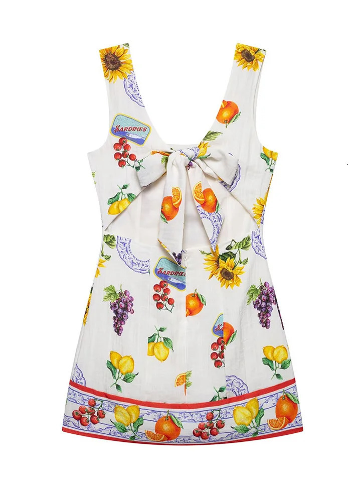 SIYANG Women Fashion Printed Back Hollow Out Bow Lace Up Zipper Mini Dress Vintage Straps Square Neck Female Chic Dresses 250604