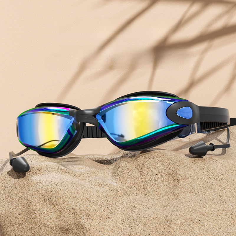 Adult Model Unisex HD Waterproof Anti-Fog Electroplated Swimming Goggles Swim Cap Nose Clip Earplugs Set