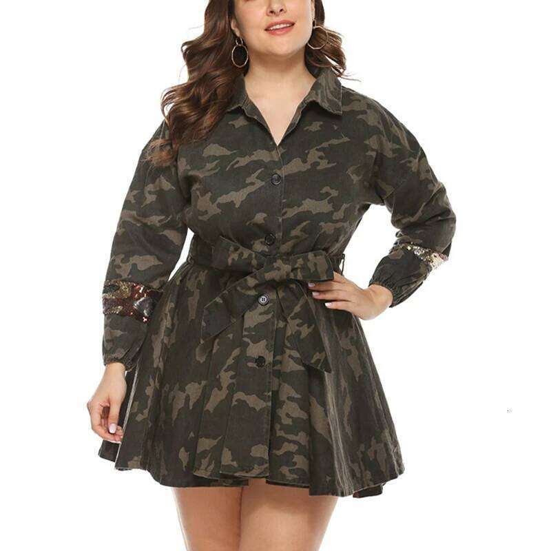 Autumn plus size casual coat 8XL fashion women's button lapel belt woven camouflage sequined loose coat.