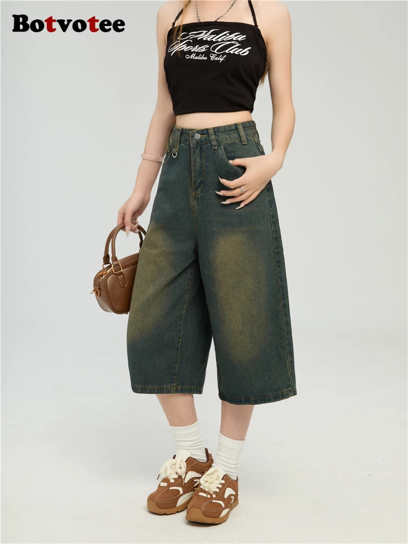 Botvotee Summer Calf Jeans for Women High Waisted Bermuda Shorts Wide Leg Baggy Cargo Denim Pants Y2k 2000s Vintage Loose Jeans 250604