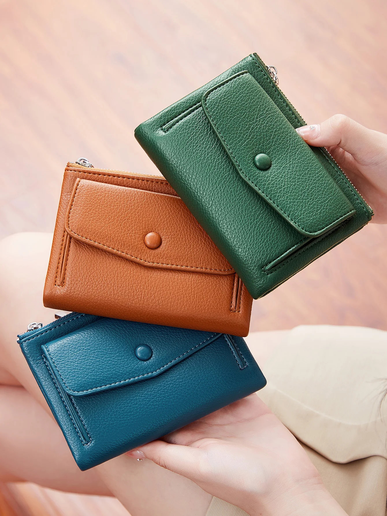 Womens wallet PU leather short double zippered simple solid color large capacity credit card holder bag with coin pocket 250605