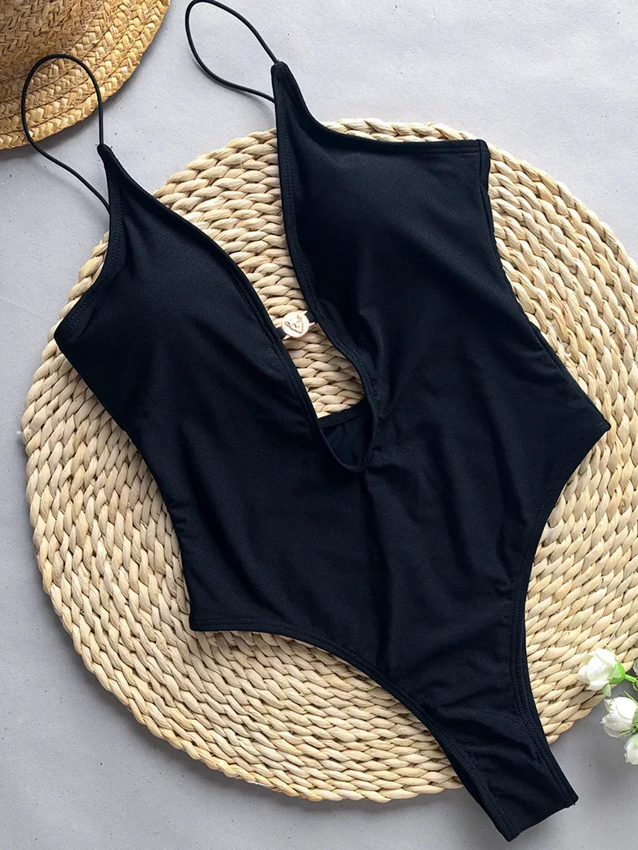 Sexy Deep V Neck Hollow Out One Piece Swimsuit Women Swimwear Female Backless Monokini High Cut Bathing Suit Swim Lady 250604