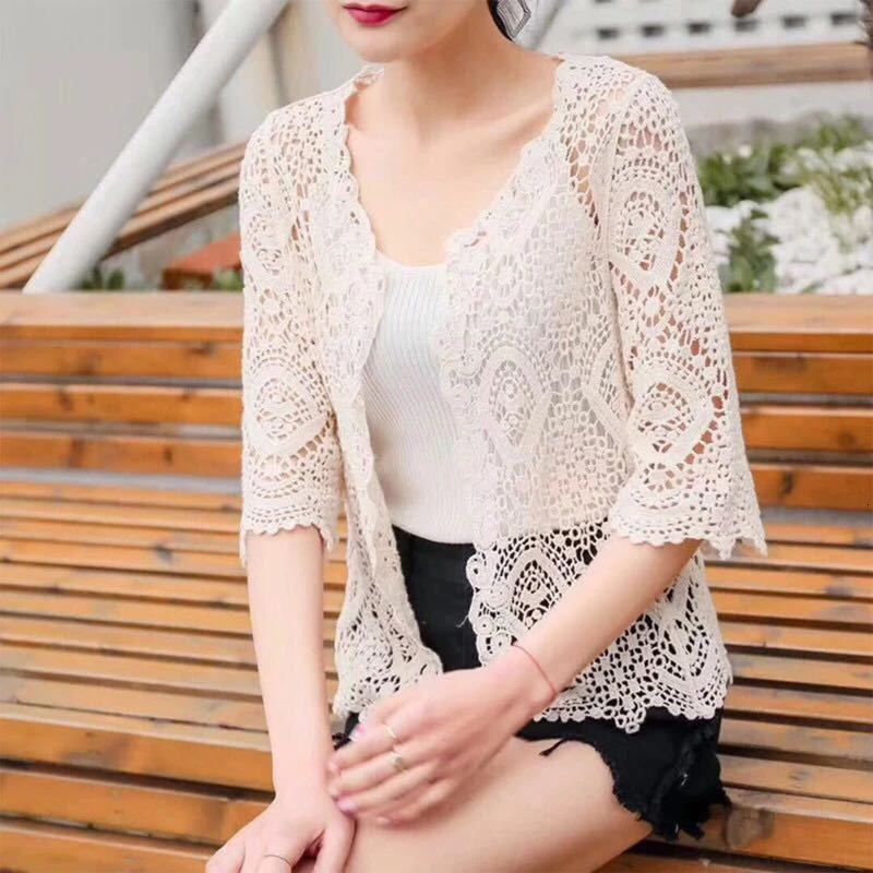 Women Knitted Lace Shrug Boho Hollow Crochet Floral 34 Sleeves Open Front Cropped Cardigan Elegant Mesh Sweater Coveup 250530