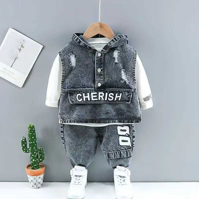Baby Boys Clothes Spring Autumn Fashion Ripped Denim Suit Letter Denim Jacket Hooded Vest + Bottoming Shirt + Pants 3-Piece set R250605