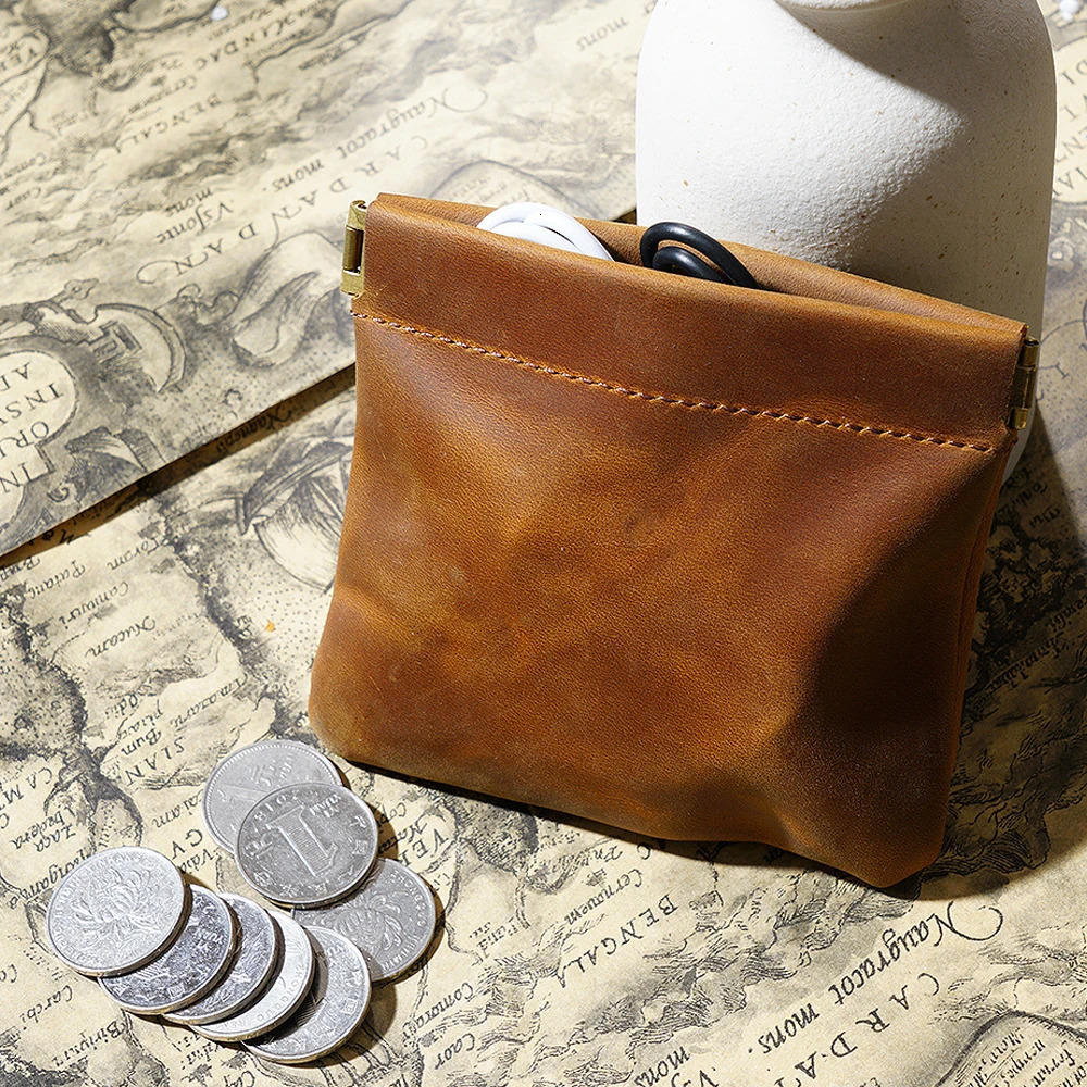 AutoRebound Closure Cowhide Coin Purse Organizer Leather Wallet Mini Money Bag 250605