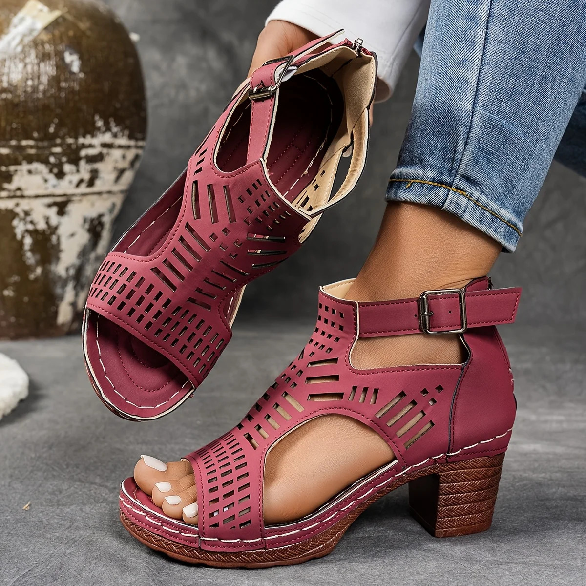 Ladies Non Slip Summer Sandals with Open Toe Zipper Closure Polyester Upper Layer Party Shoes Platform Heel Sandals 250605
